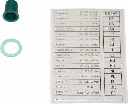 Umrüstset bestehend aus einem grünen Adapter, einer Dichtung und einer Liste mit Einstellungen für verschiedene Länder, Markenname Wolf sichtbar.